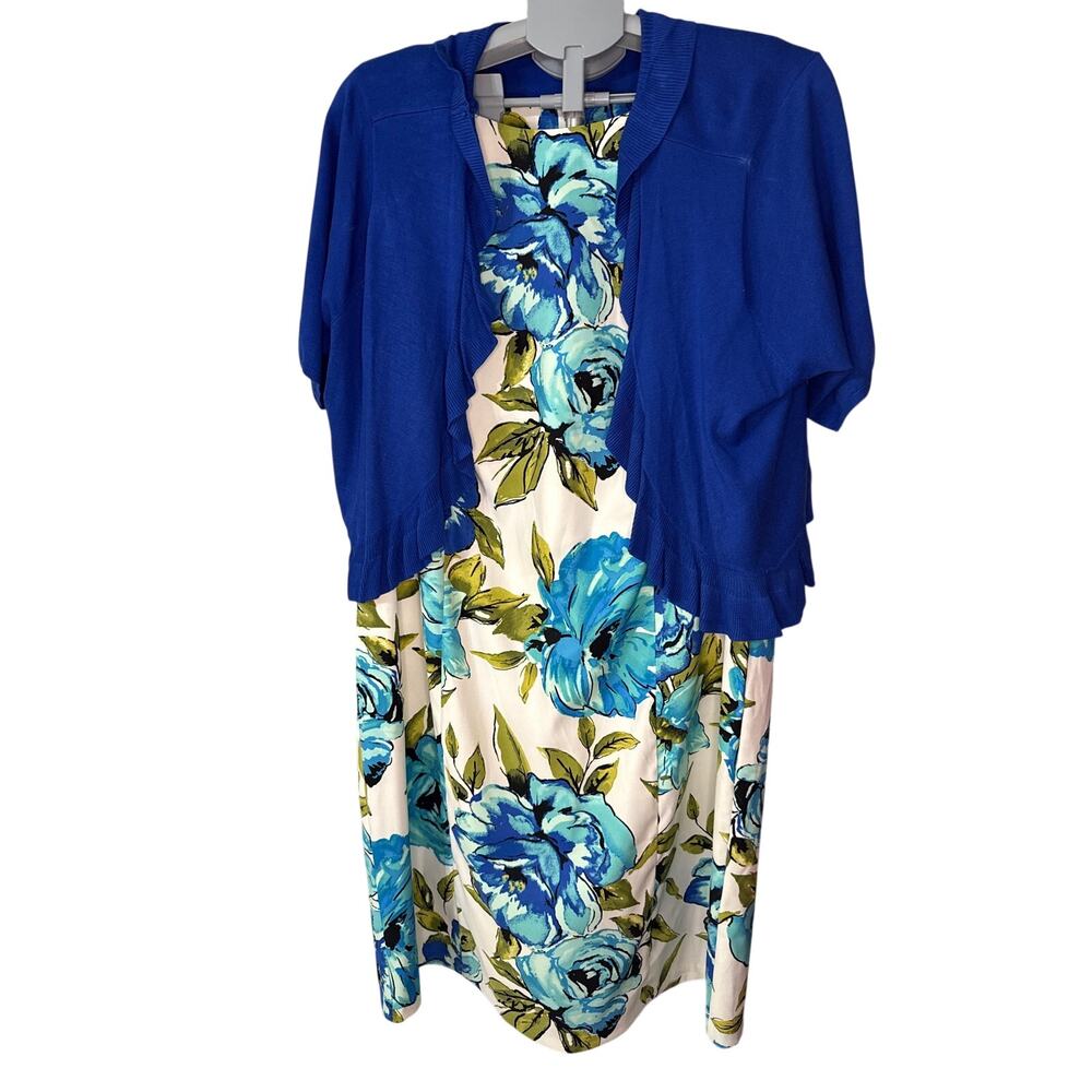 Dress‎ Barn Size 18 2pc Sweater with Dress Cobalt Blue Flowered Dress
